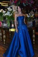 Cocoslly Strapless Sleeveless High Waist Long Prom Dress With Sequins | Royal Blue Satin LR0331