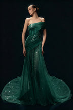 Cocoslly One Shoulder Sleeveless High Waist Long Prom Dress With Sequins | White Tulle YC0569