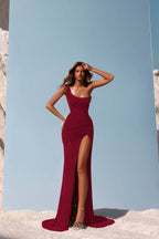 Sequins One Shoulder Sleeveless Long Prom Dress With Split Pleated WQ0183