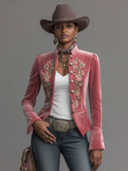 Western-style Stand-up Collar Single-breasted Floral Embroidered Velvet Jacket