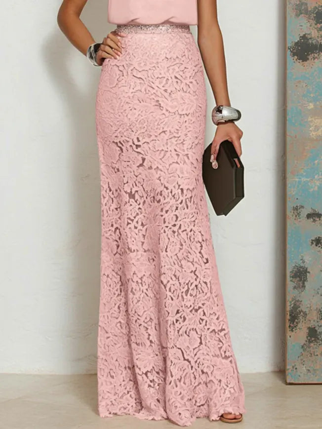 Pink Cotton Rhinestone Ruched Lace Halter Crew Neck Sleeveless Mermaid Floor-length Gown Dress