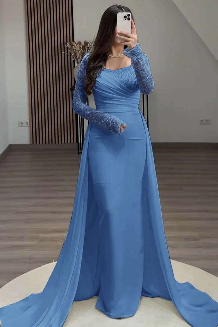 Square Neck Long Sleeves High Waist Long Pleated Mermaid Prom Dress With Beadings And Ruffles YS0057