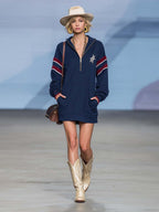 Retro Sporty Navy Star-Embroidered Hooded Half-Zip Long-Sleeve Sweatshirt Mini Dress