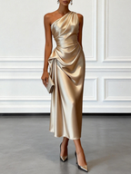 Purplish Blue Ruched Satin One Shoulder Sleeveless A-Line Midi Dress