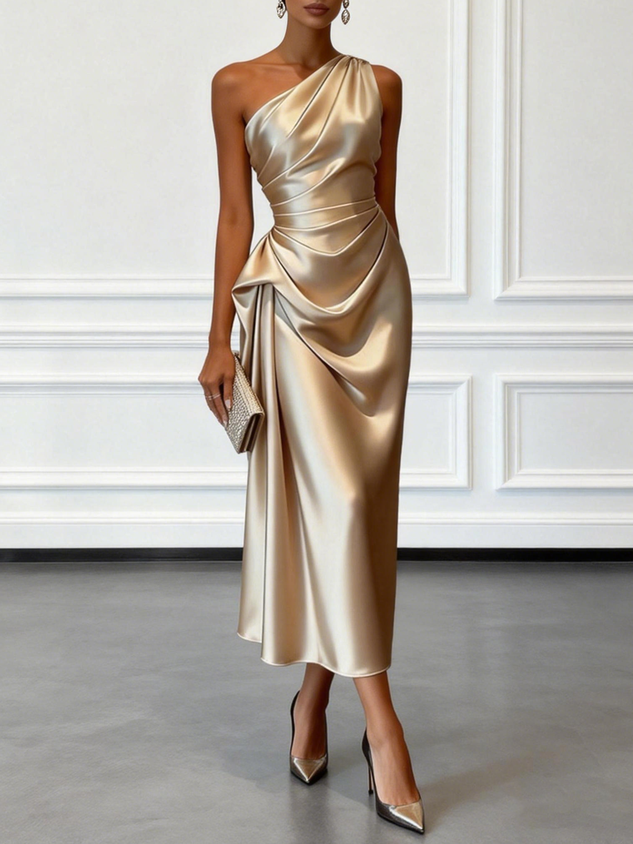 Purplish Blue Ruched Satin One Shoulder Sleeveless A-Line Midi Dress