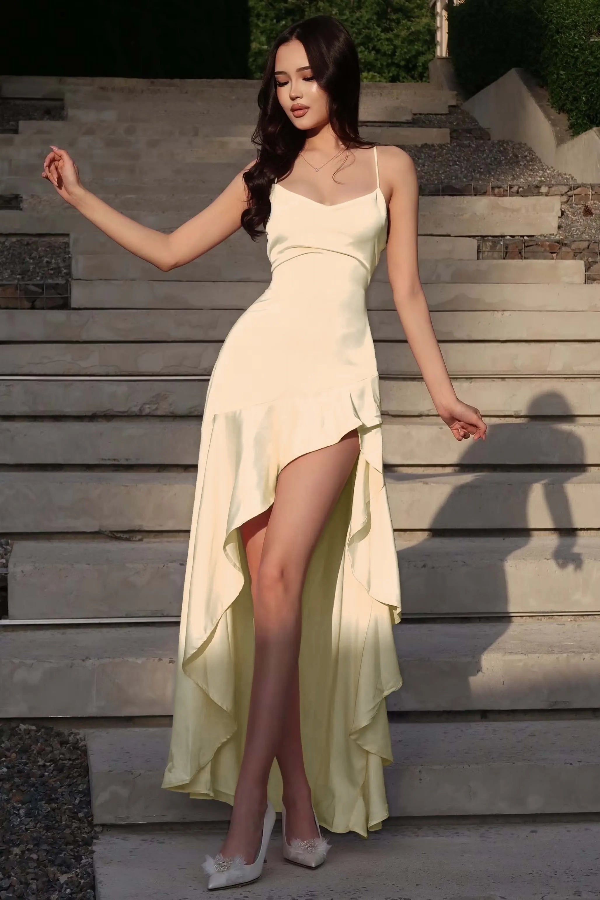 Cocosll Spaghetti Straps Sleeveless High Waist Long Prom Dress With Ruffles | Blushing Pink Satin YC0564