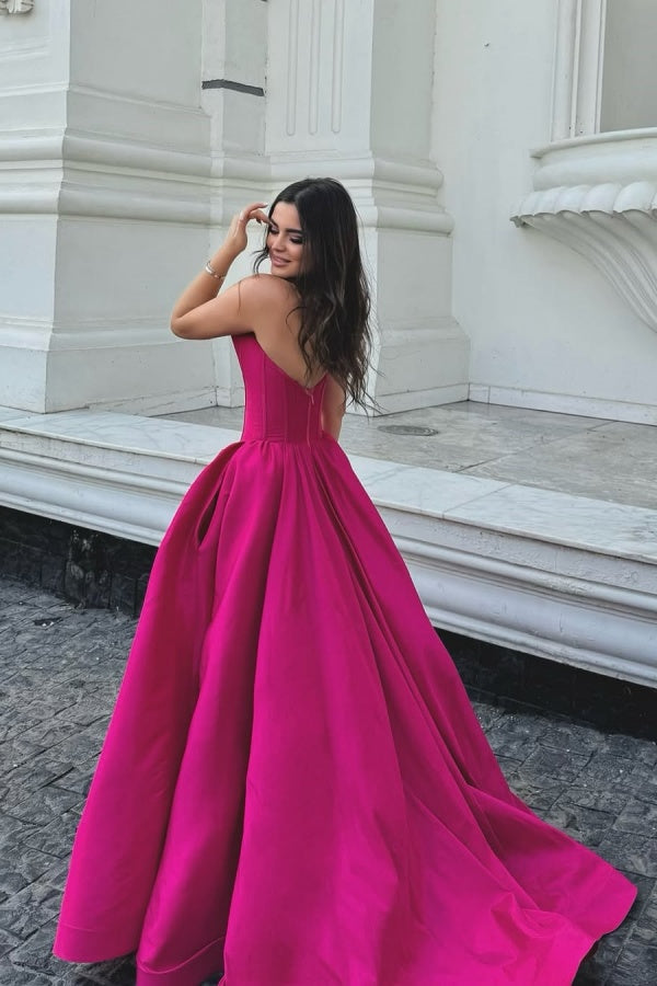 Cocoslly Simple Strapless Sleeveless Long A-line Prom Dress | Fuchsia Satin ZT0713