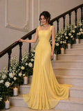 Cocoslly Wide Straps Square Neck Sleeveless High Waist Long Prom Dress With Pleated | Yellow Chiffon CO0204