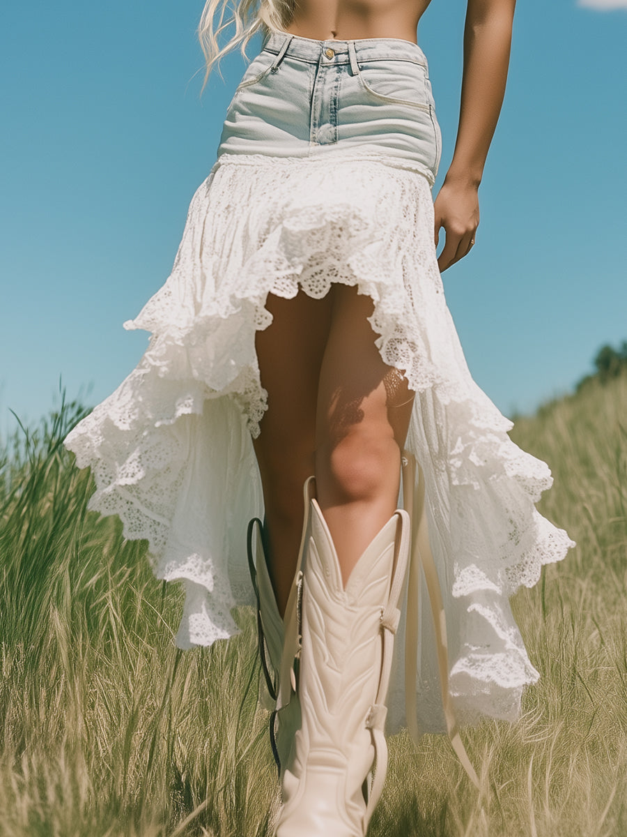 銆�24-hour shipping out銆慠omantic And Fashionable Short Front And Long Back Lace Patchwork Denim Skirt