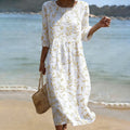 Vintage Floral Art Pattern Linen Blend Loose Three-quarter Sleeve Dress