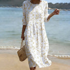 Vintage Floral Art Pattern Linen Blend Loose Three-quarter Sleeve Dress