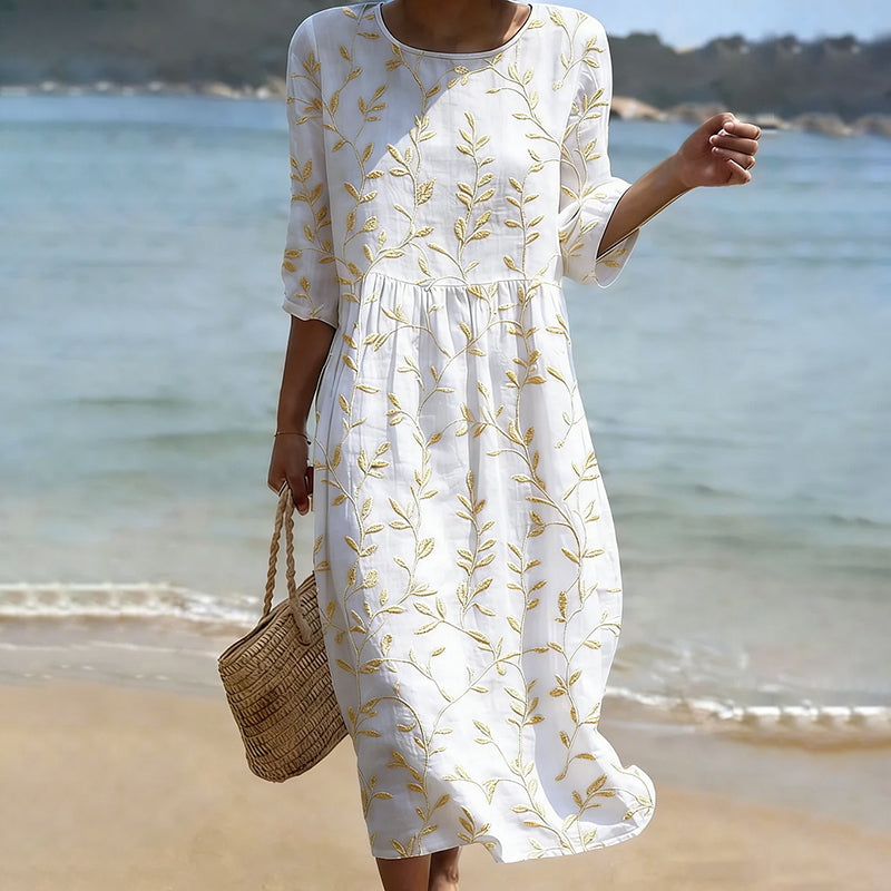Vintage Floral Art Pattern Linen Blend Loose Three-quarter Sleeve Dress