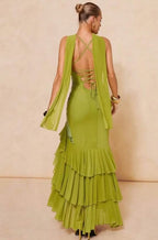 Cocoslly Spaghetti Straps Sleeveless High Waist Long Prom Dress With Ruffles And Sequins | Sage Chiffon LR0491