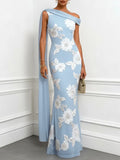 Light Blue Jacquard Classic One Shoulder Sleeveless Mermaid Floor-length Gown Dress