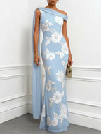 Light Blue Jacquard Classic One Shoulder Sleeveless Mermaid Floor-length Gown Dress
