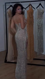 Cocoslly Strapless Sleeveless High Waist Long Prom Dress With Split And Rhinstone | Ivory Beading Pearls CO0220