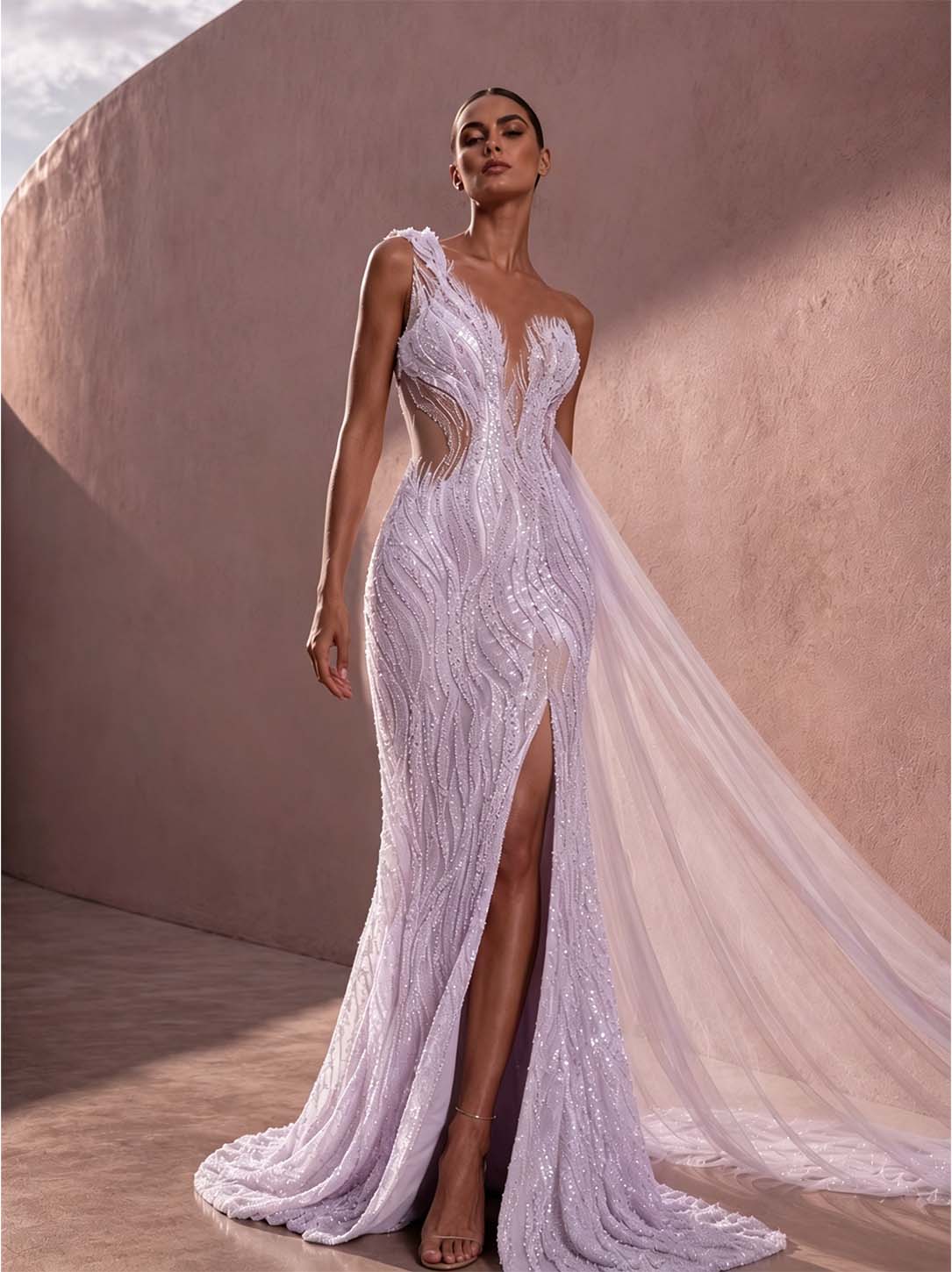 Cocoslly One Shoulder Sleeveless High Waist Long Split Prom Dress With Beading Pearls | Dusty Rose Tulle LX0088
