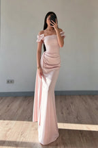 Cocoslly Off-The-Shoulder Sleeveless High Waist Long Mermaid Prom Dress | Baby Blue Satin ZT0711