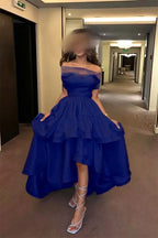 Cocoslly Off-The-Shoulder Sleeveless High Waist Long Prom Dress With Ruffles | Baby Blue Satin ZT0725