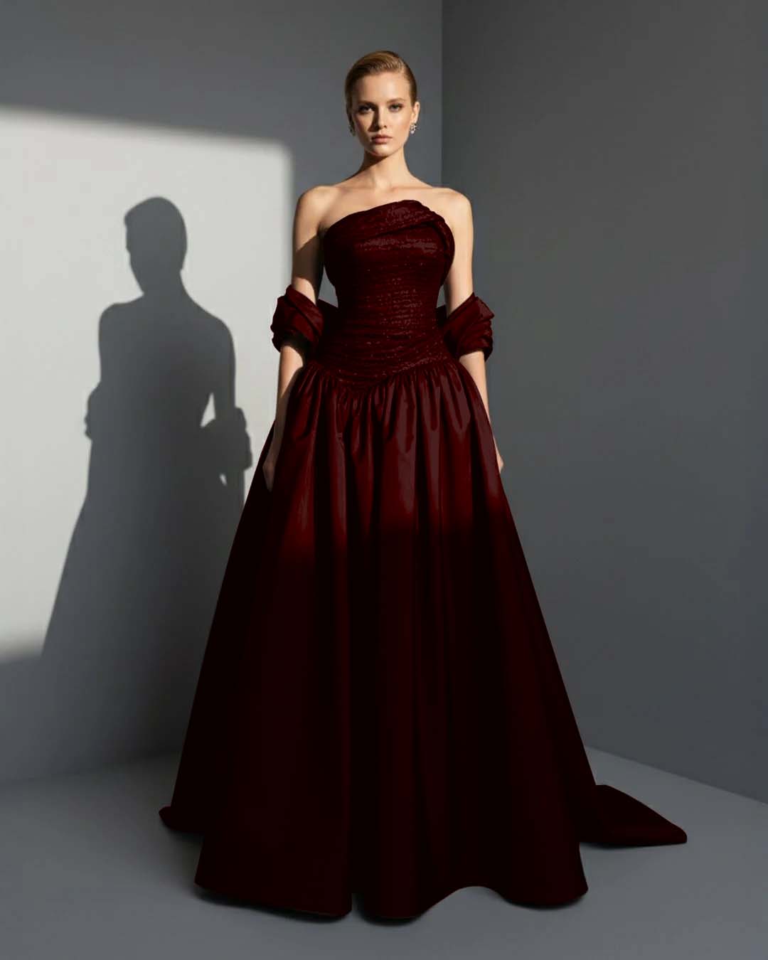 Satin Asymmetric Strapless Sleeveless Long Pleated A-Line Prom Dress With Beadings And Ruffles YK0766