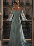 Cocoslly Off-The-Shoulder Long Sleeves High Waist Long Prom Dress With Sequins | Mist Mint Green Tulle LX0086
