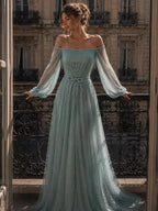 Cocoslly Off-The-Shoulder Long Sleeves High Waist Long Prom Dress With Sequins | Mist Mint Green Tulle LX0086