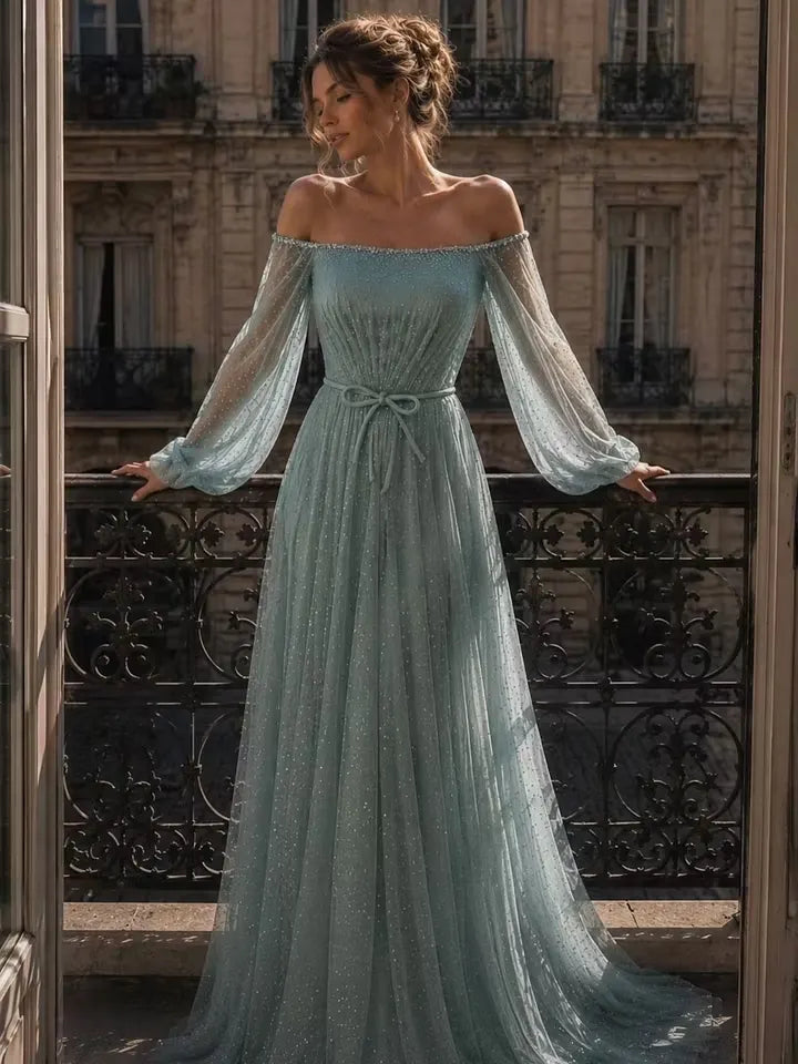Cocoslly Off-The-Shoulder Long Sleeves High Waist Long Prom Dress With Sequins | Mist Mint Green Tulle LX0086