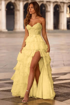 Chiffon And Lace V-Neck Strapless Sleeveless Long A-Line Prom Dress With Bow And Ruffles JQ0318