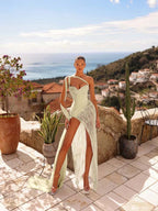 Cocoslly One Shoulder Sleeveless High Waist Long Split Prom Dress With Rhinstone | Silver Chiffon YK1284