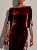 Wine Red Faux Pearl Velvet Boat Neck Half Sleeve Sheath Midi Dress