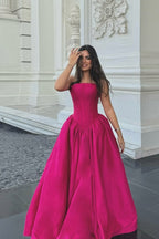 Cocoslly Simple Strapless Sleeveless Long A-line Prom Dress | Fuchsia Satin ZT0713