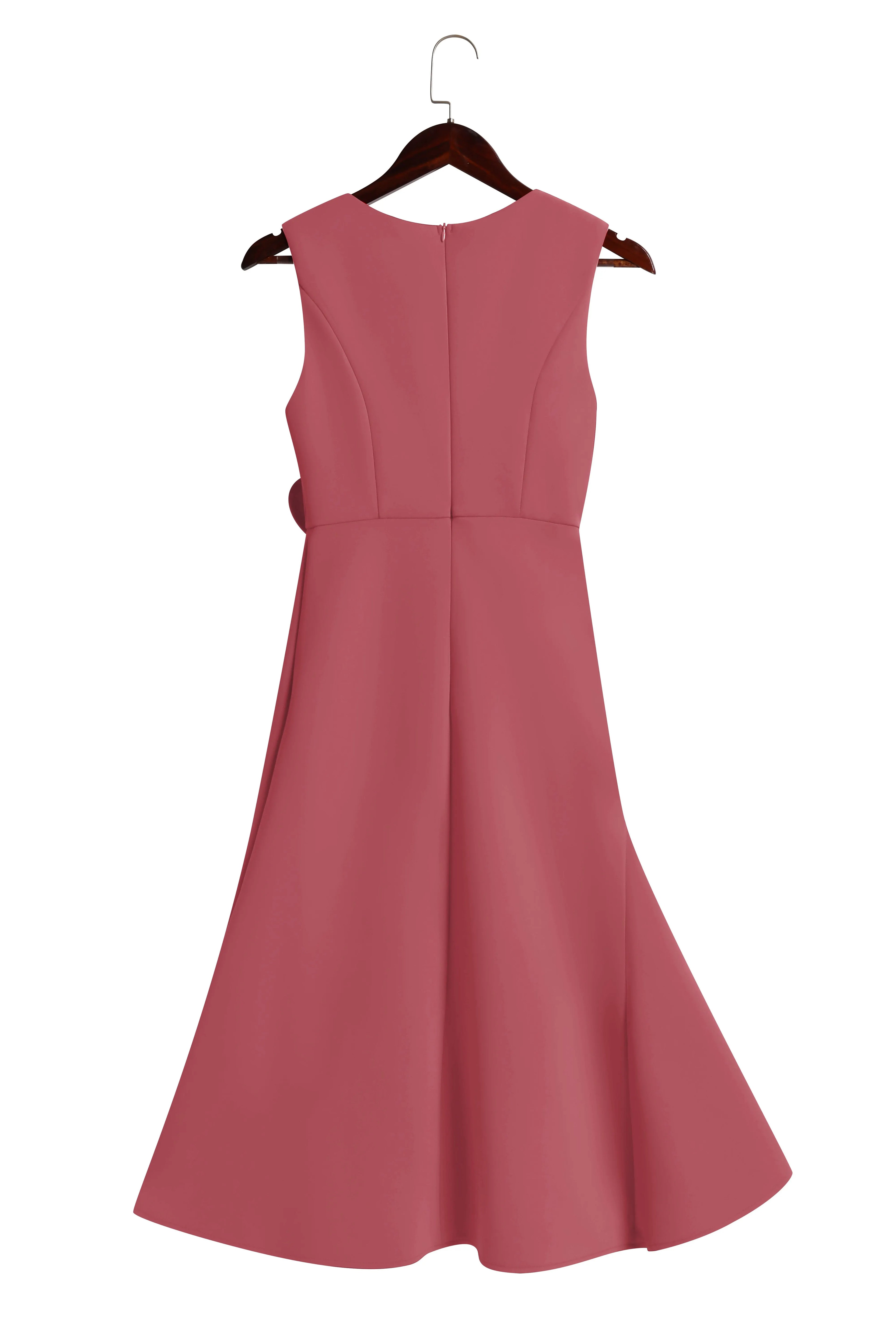 Pink Asymmetric Ruffled Classic Boat Neck Sleeveless A-Line Midi Dress