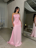 Satin Strapless Sleeveless Long Pleated Mermaid Prom Dress With Flowers And Sequins YK0636