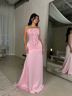 Satin Strapless Sleeveless Long Pleated Mermaid Prom Dress With Flowers And Sequins YK0636