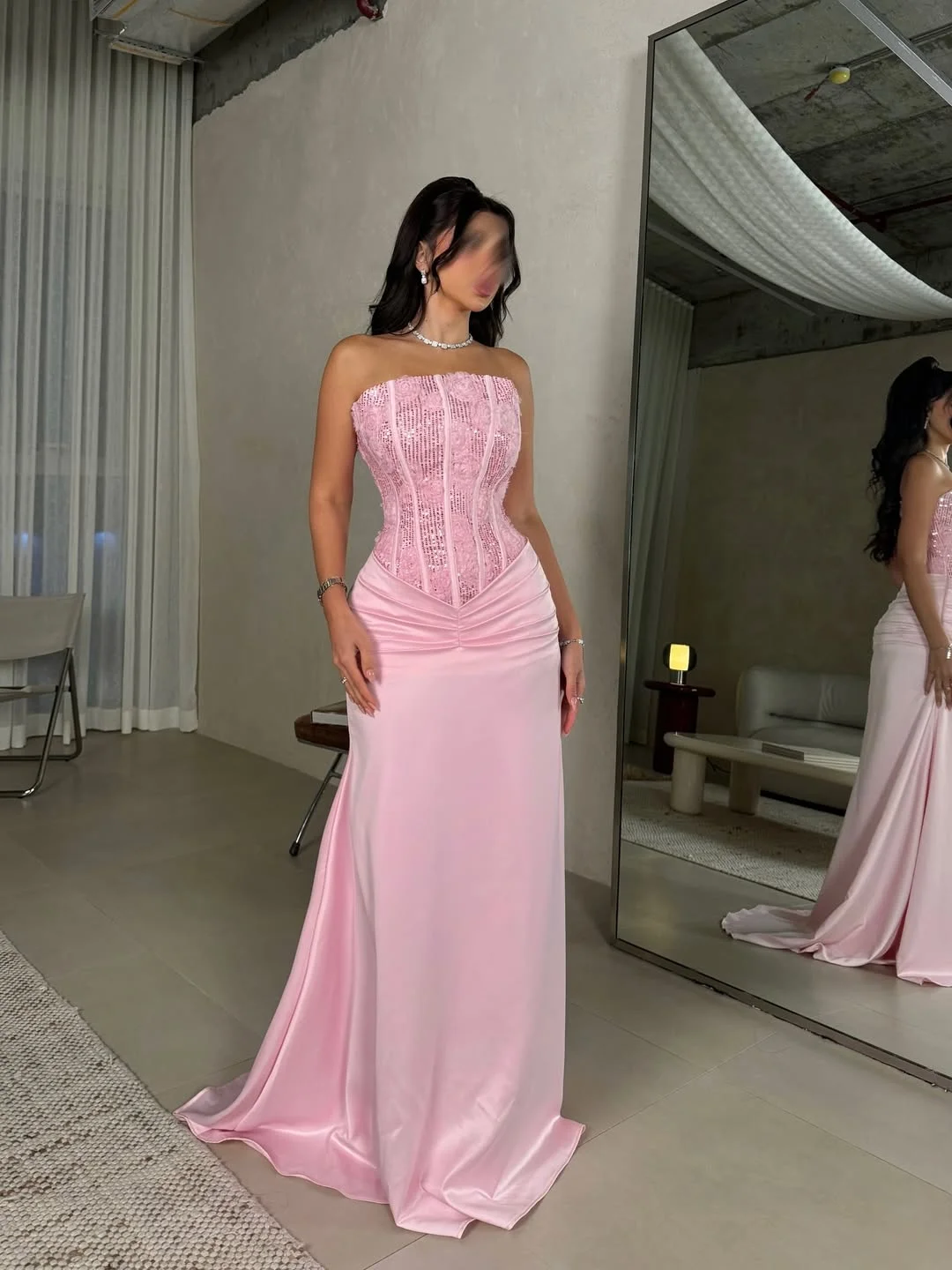 Satin Strapless Sleeveless Long Pleated Mermaid Prom Dress With Flowers And Sequins YK0636
