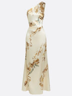 Beige Floral Satin One Shoulder Sleeveless Sheath Floor-length Gown Dress