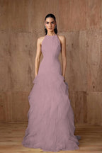 Cocoslly Halter Sleeveless High Waist Long Prom Dress With Ruffles | Daffodil Tulle YC0478