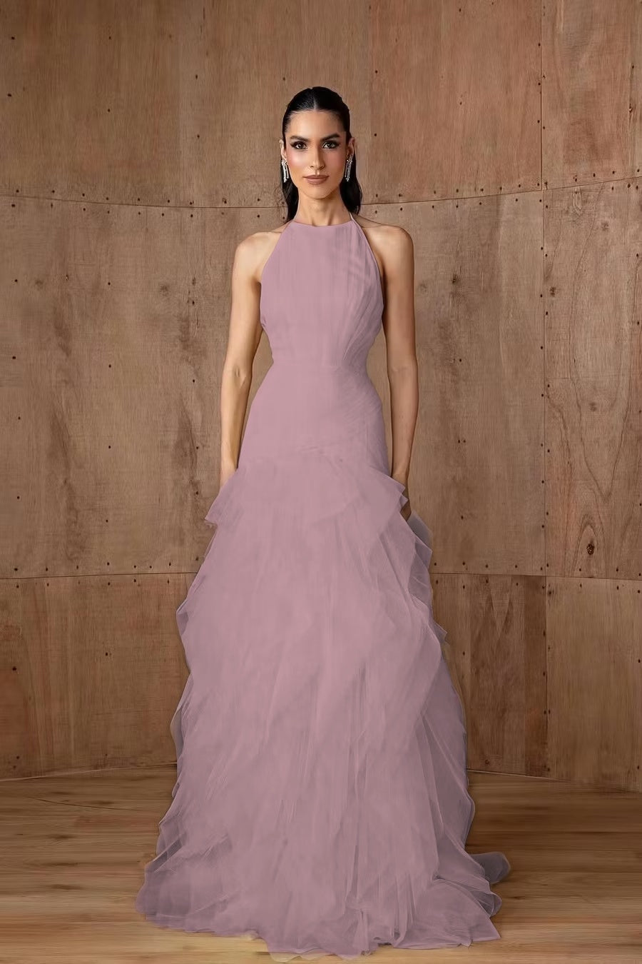 Cocoslly Halter Sleeveless High Waist Long Prom Dress With Ruffles | Daffodil Tulle YC0478