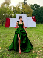 Satin Halter Neck Strapless Sleeveless Long A-Line Prom Dress With Pleated And Split YK0728
