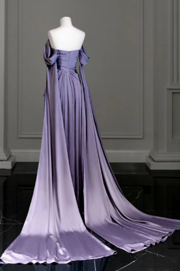 Cocoslly Off-The-Shoulder Pleated Long Prom Dress With Trailing On Both Sides | Purple Satin ZT0580