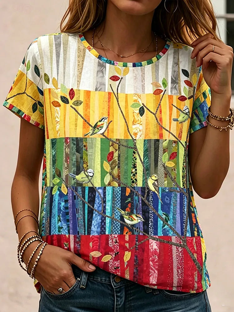 Women's Hippie Style Colorful Plant Floral Patchwork Art Cotton And Linen Short Sleeve Top