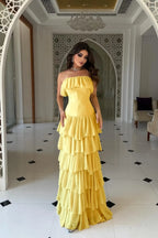 Cocoslly Strapless Sleeveless High Waist Long Prom Dress With Ruffles | Nude Champage Chiffon YC0565