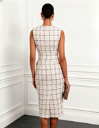 White Buckle Tweed Blazer Notched Sleeveless Sheath Midi Dress