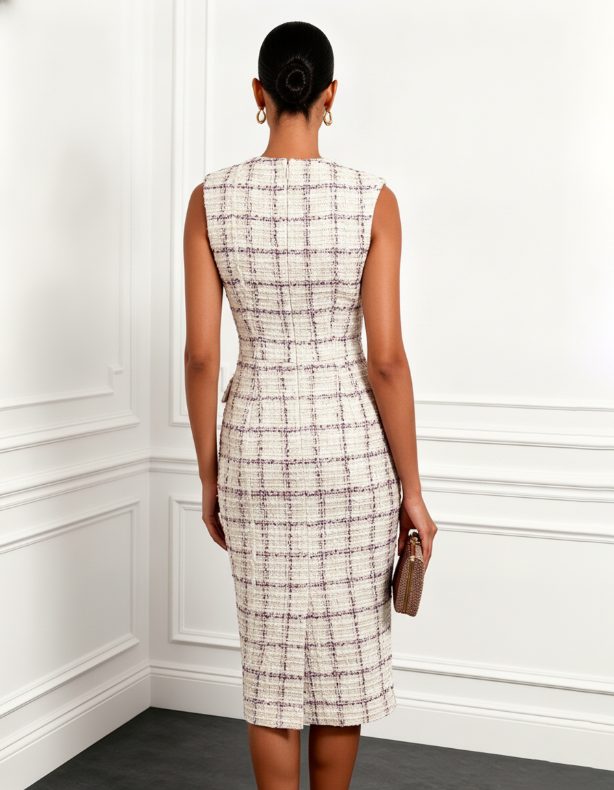 White Buckle Tweed Blazer Notched Sleeveless Sheath Midi Dress
