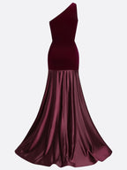 Burgundy Satin Ruched Split Joint Velvet One Shoulder Sleeveless A-Line Gown Dress