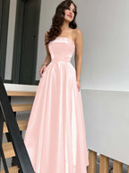 Satin Strapless Sleeveless High-Waisted Long A-Line Prom Dress With Pleated YK0638