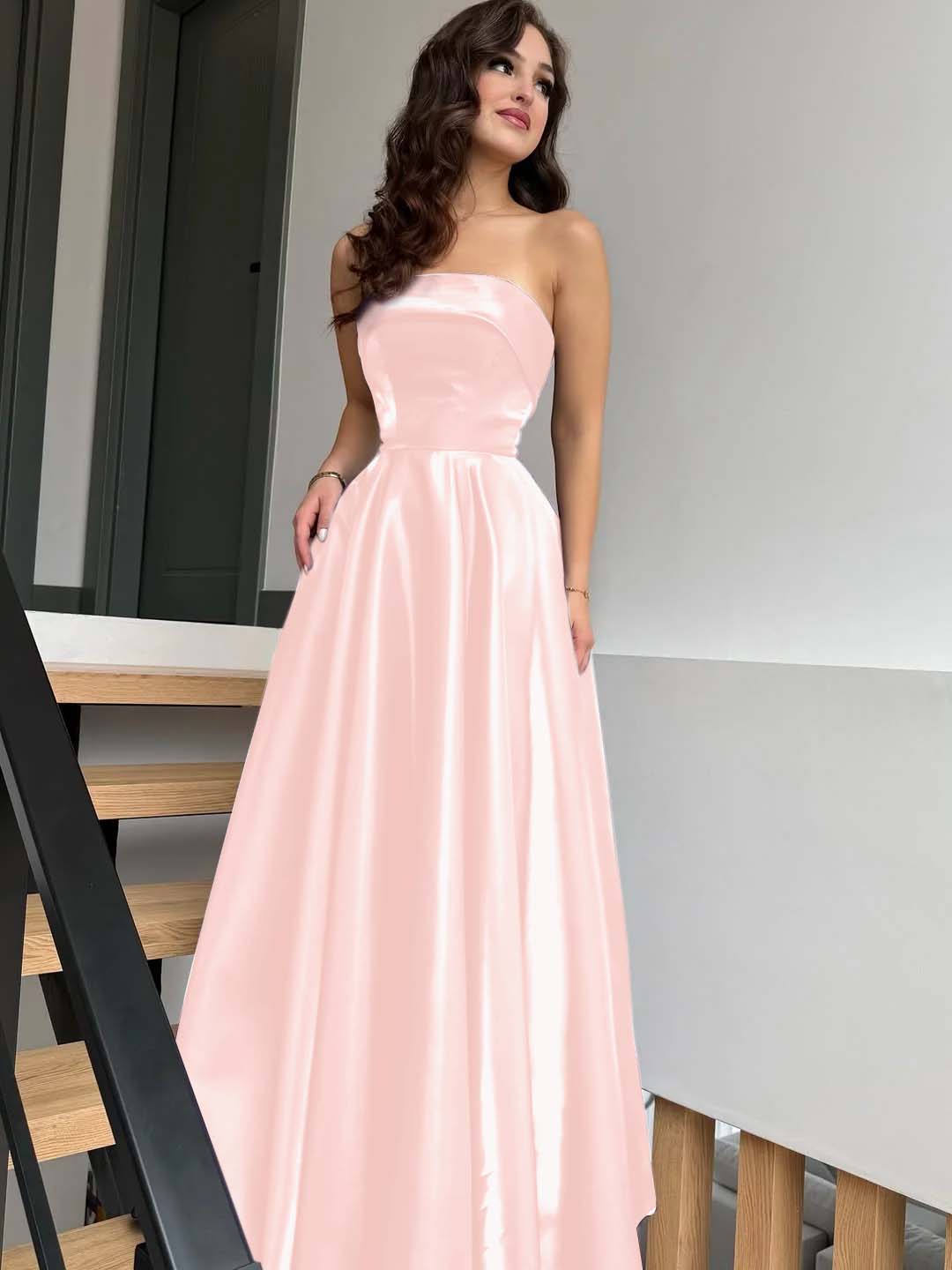 Satin Strapless Sleeveless High-Waisted Long A-Line Prom Dress With Pleated YK0638