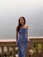 Cocoslly Strapless Sleeveless High Waist Long Mermaid Prom Dress With Appliques | Deep Blue Satin CO0184
