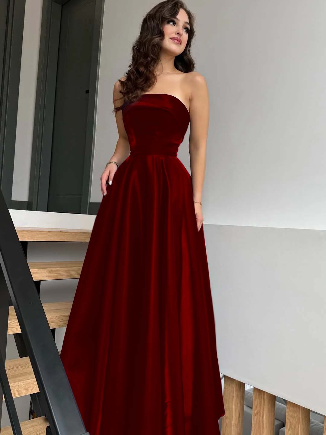 Satin Strapless Sleeveless High-Waisted Long A-Line Prom Dress With Pleated YK0638
