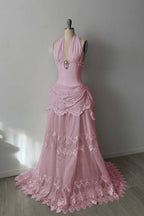 Lace And Tulle Halter Neck Strapless Sleeveless Long Mermaid Prom Dress With Pleated WQ0665